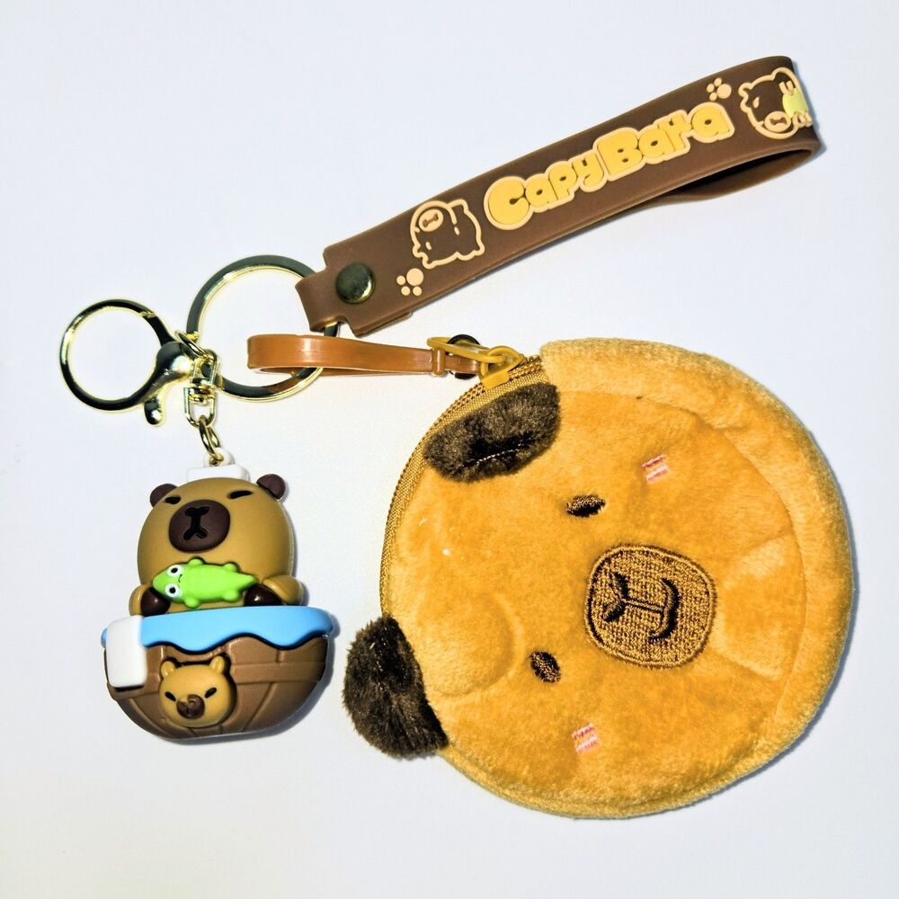 CAPYBARA Themed Keychain 3D Figurine Wristlet Plush Coin Pouch Bundle Set #9 NEW